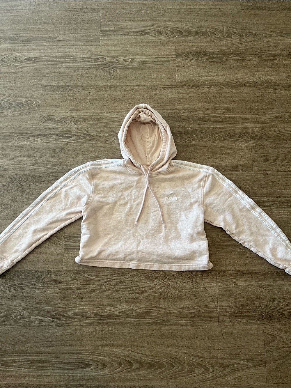 Adidas Cropped Hoodie Womens Medium Blush Pink 3 Stripe Sleeve Pullover Logo
